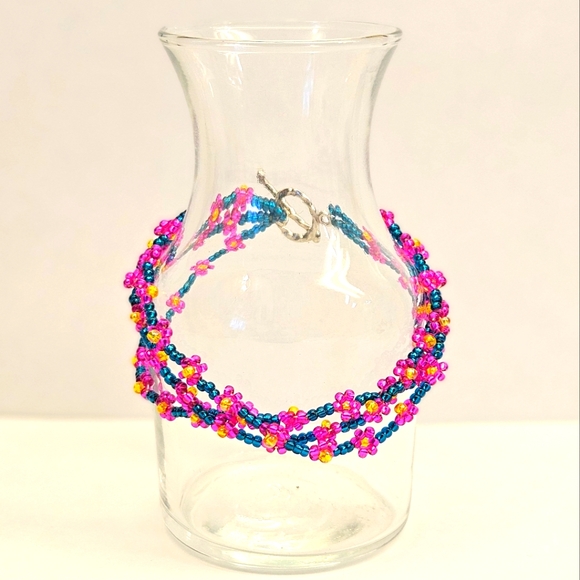 Handmade Triple Strand Seed Beaded Flower Bracelet - Picture 2 of 6